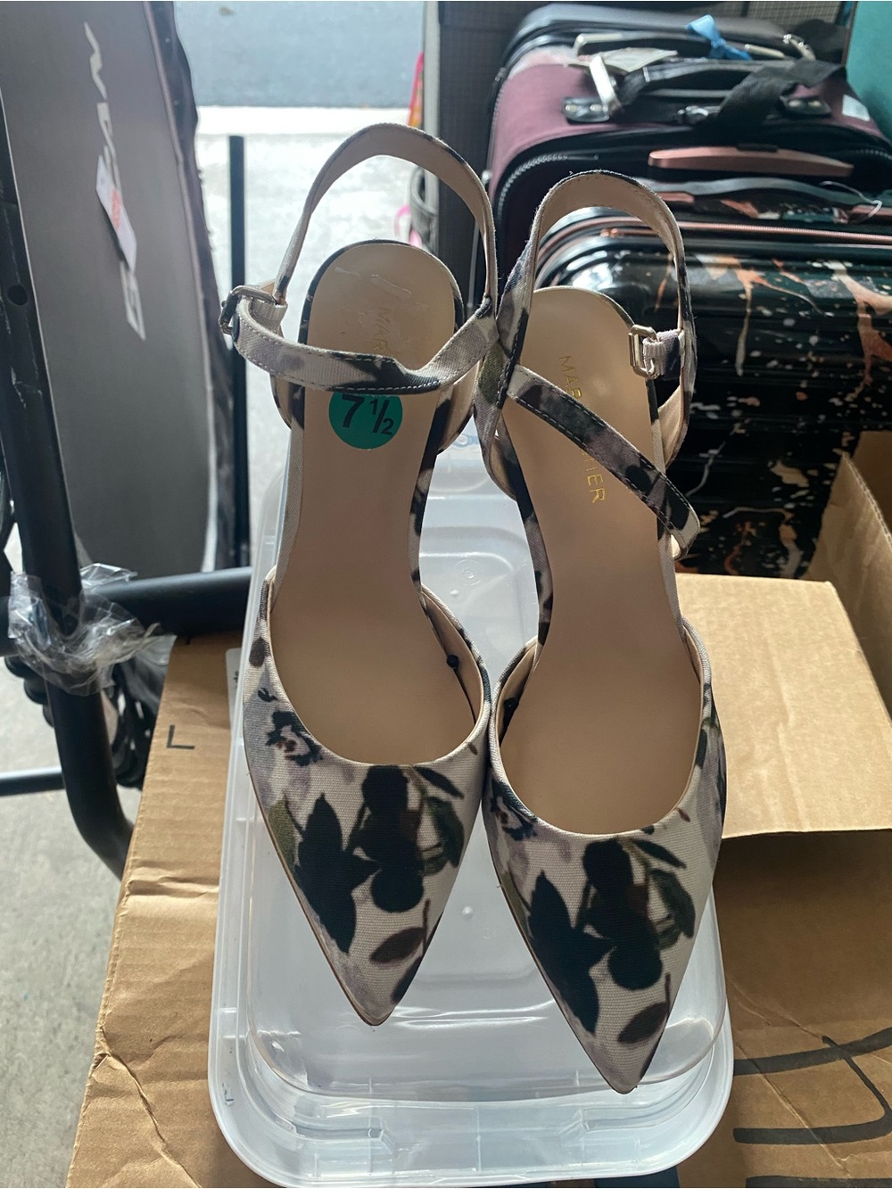 Marc Fisher Floral Pointed-Toe Slingback Heels in Beige and Black